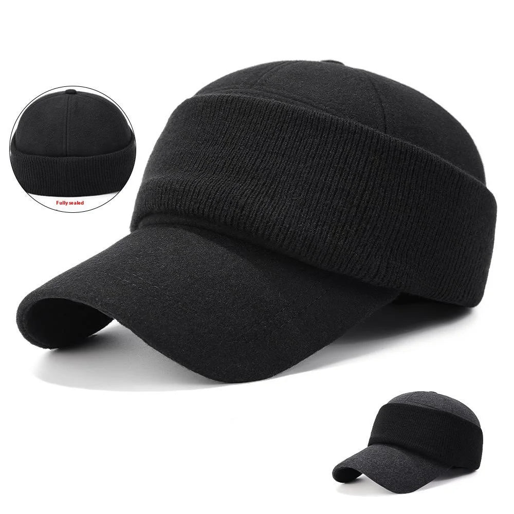 Men Baseball Cap Ear Protection Wool Windproof Warm Hat Winter Outdoor Hat - Black - 2