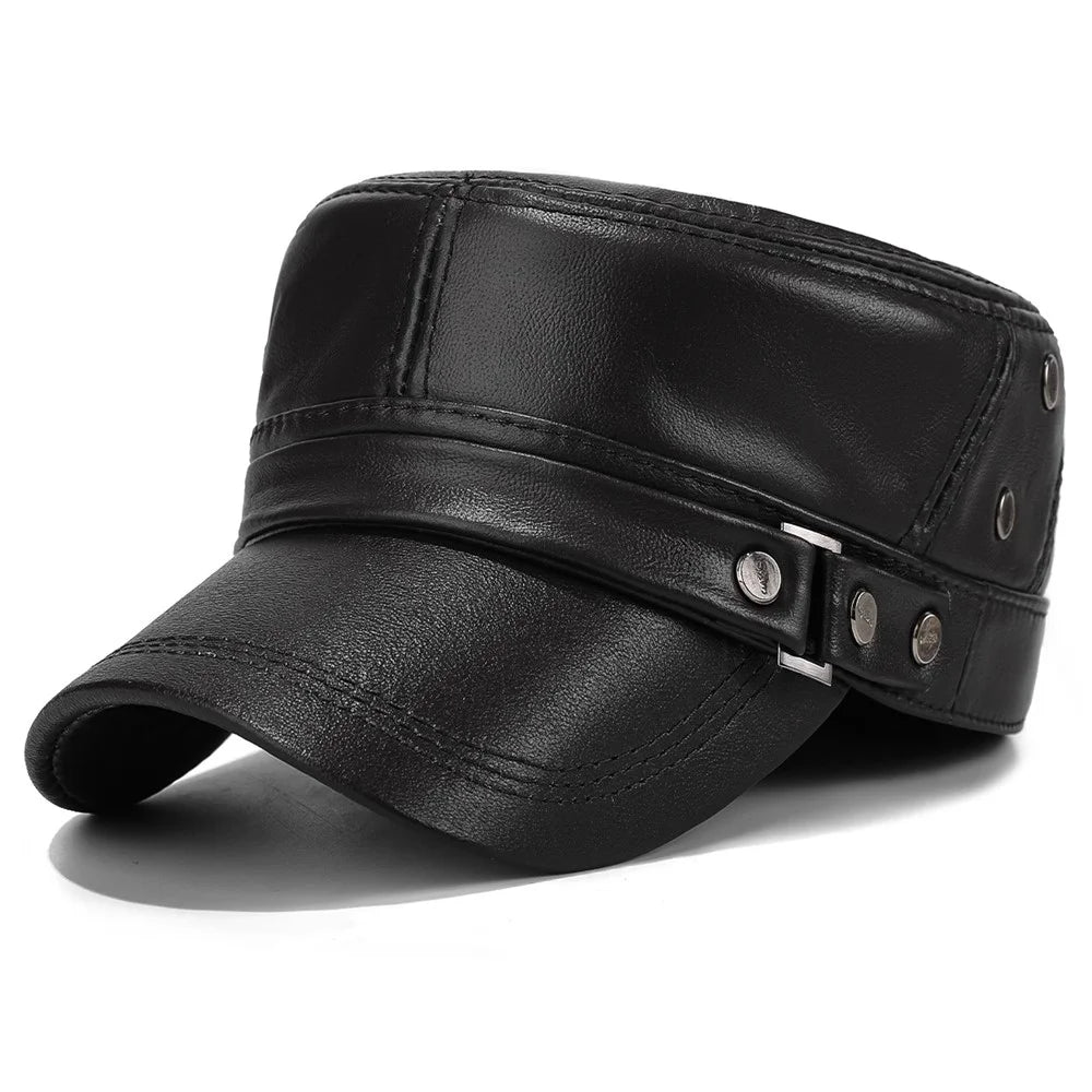 Winter Leather Flat Cap for Middle-Aged / Elderly Fleece-Lined Thick Outdoor Fashion Warm Hat with Rivets - Black - 1