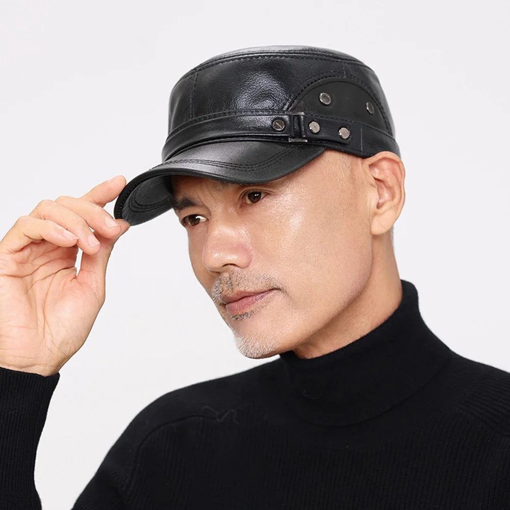 Winter Leather Flat Cap for Middle-Aged / Elderly Fleece-Lined Thick Outdoor Fashion Warm Hat with Rivets - Black - 2