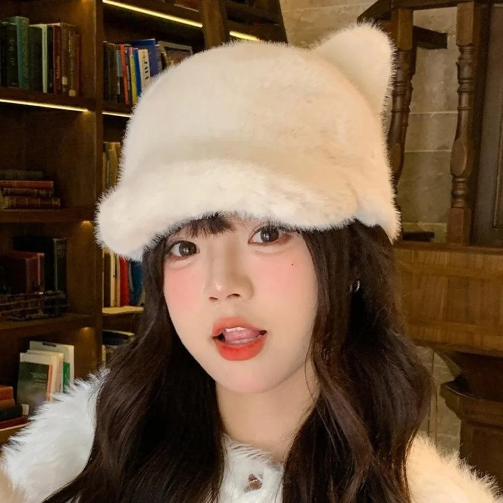 Cute 3D Bear Ears Baseball Cap with Tail for Women Solid Color Winter Plush Thermal Cap - Beige - 2