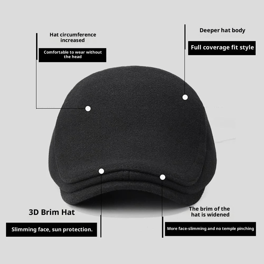 2025d124 Artist Beret Hat with Foldable Earflaps Wide Brim Peaked Cap Winter Thermal Driver Hat - Black - 3