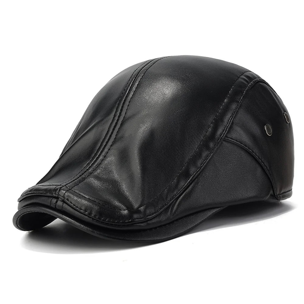 2025d139 Winter PU Leather Driver Hat with Earflaps Warm Artist Beret Hat for Middle-Aged and Elderly Wide Brim Peaked Cap - Black - 1