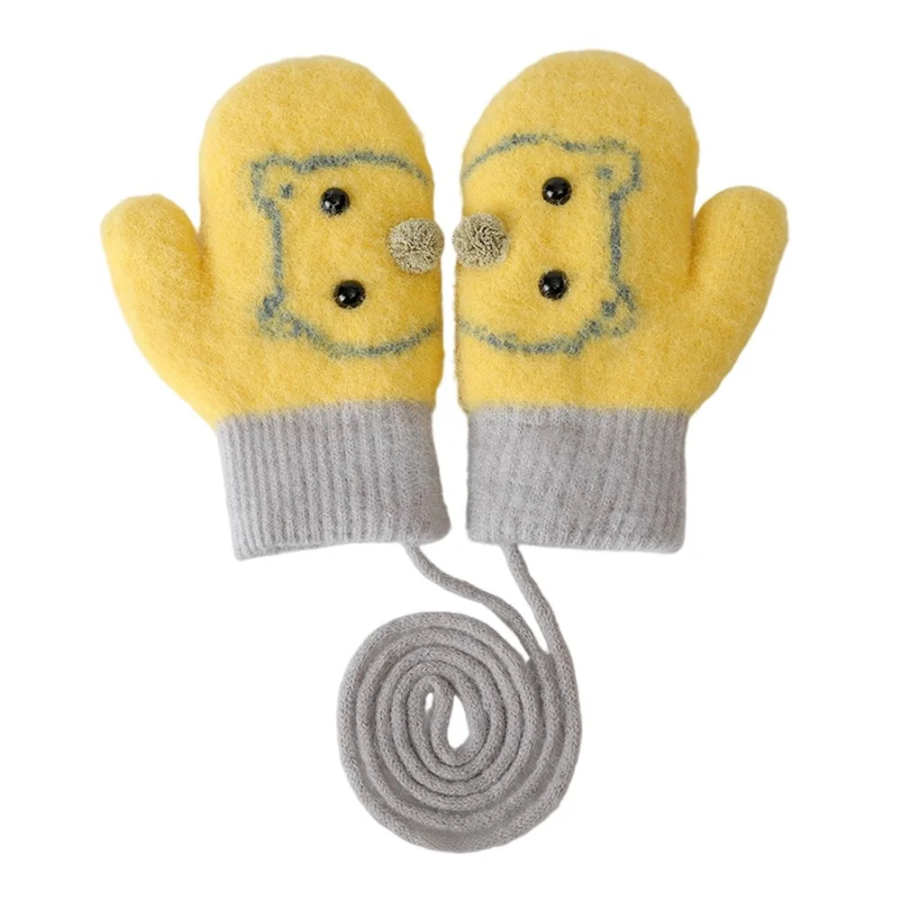 DRST30 Winter Warm Fleece Lined Mittens for Children 2-5 Years Old Cartoon Animal Pattern Neck Hanging Gloves - Yellow - 1