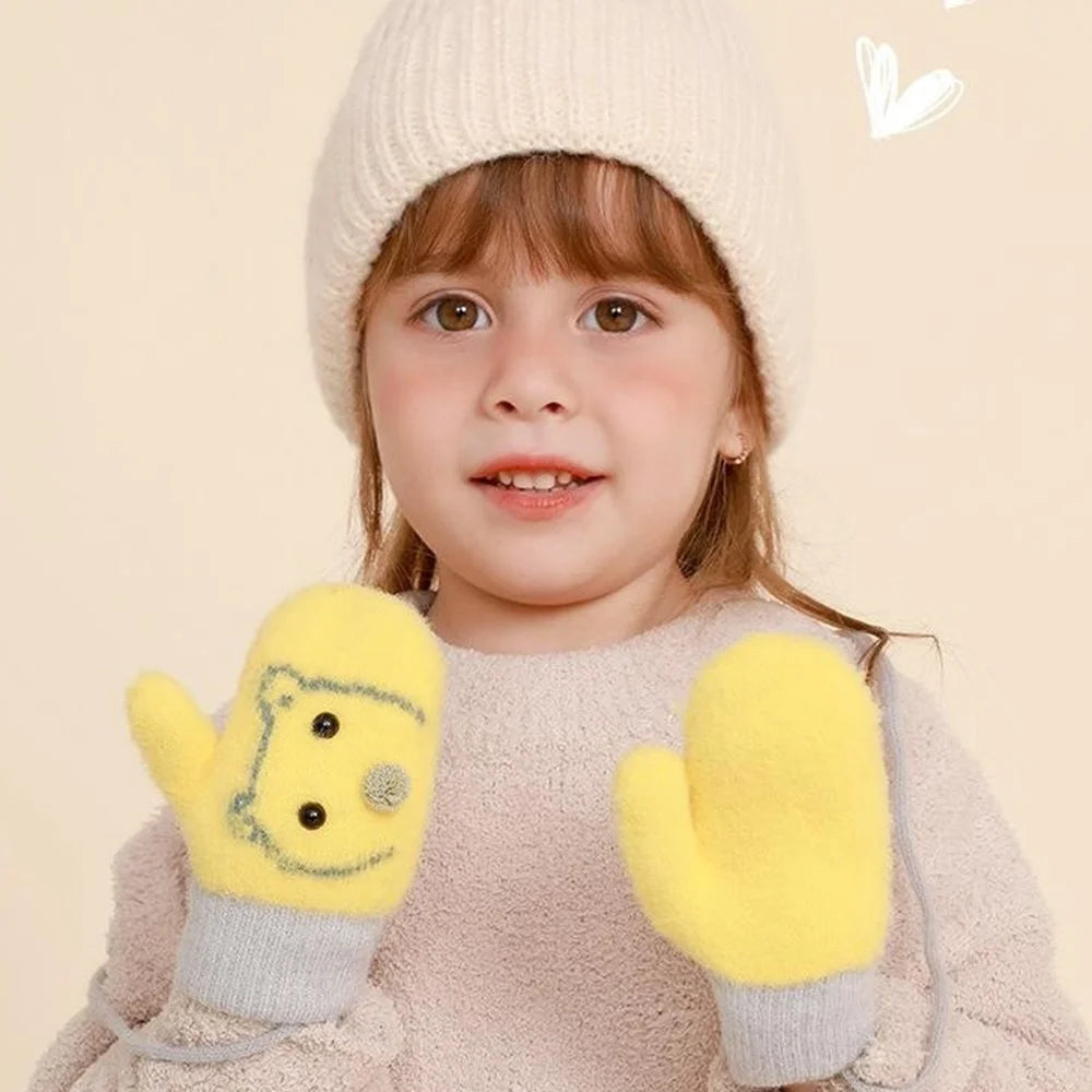 DRST30 Winter Warm Fleece Lined Mittens for Children 2-5 Years Old Cartoon Animal Pattern Neck Hanging Gloves - Yellow - 3