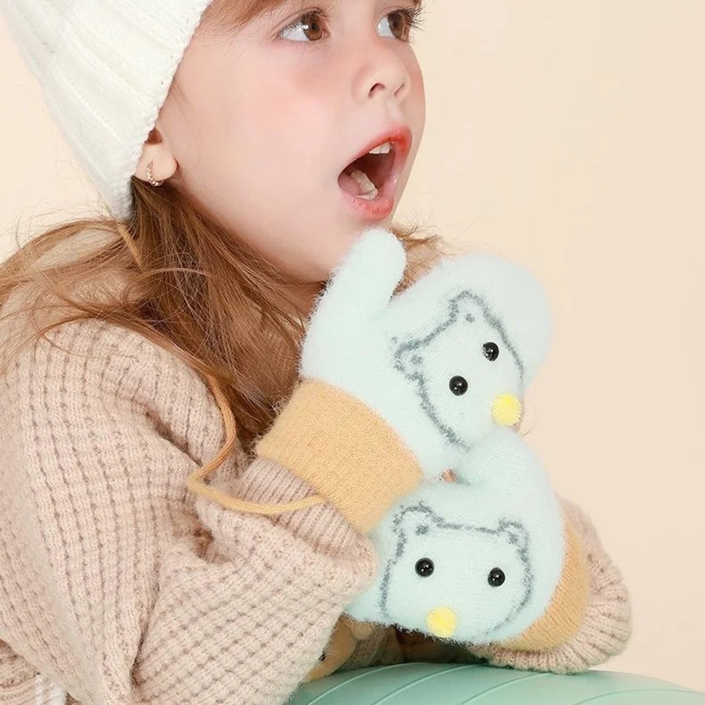 DRST30 Winter Warm Fleece Lined Mittens for Children 2-5 Years Old Cartoon Animal Pattern Neck Hanging Gloves - Yellow - 5