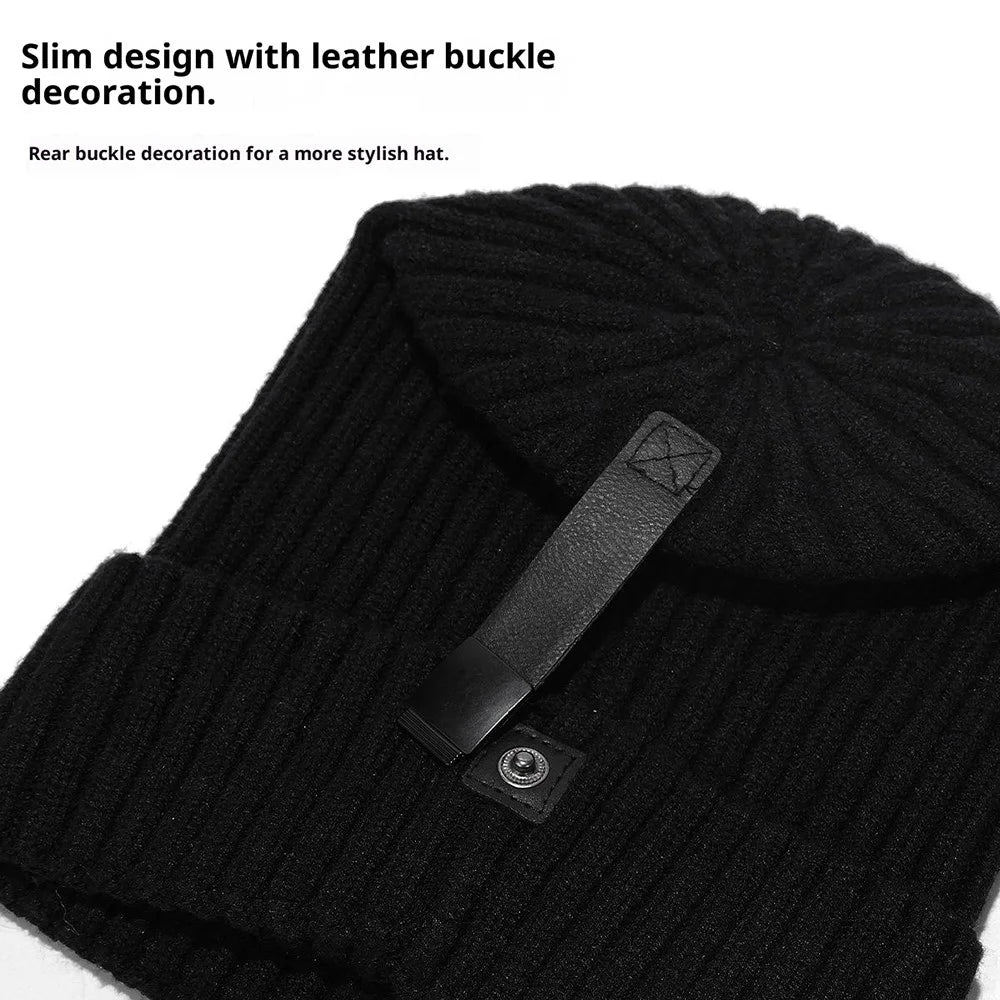 Wool Blend Beanie Hat with Button Strap Knitted Cap Ear Protection Outdoor Winter Warmth - Black - 6