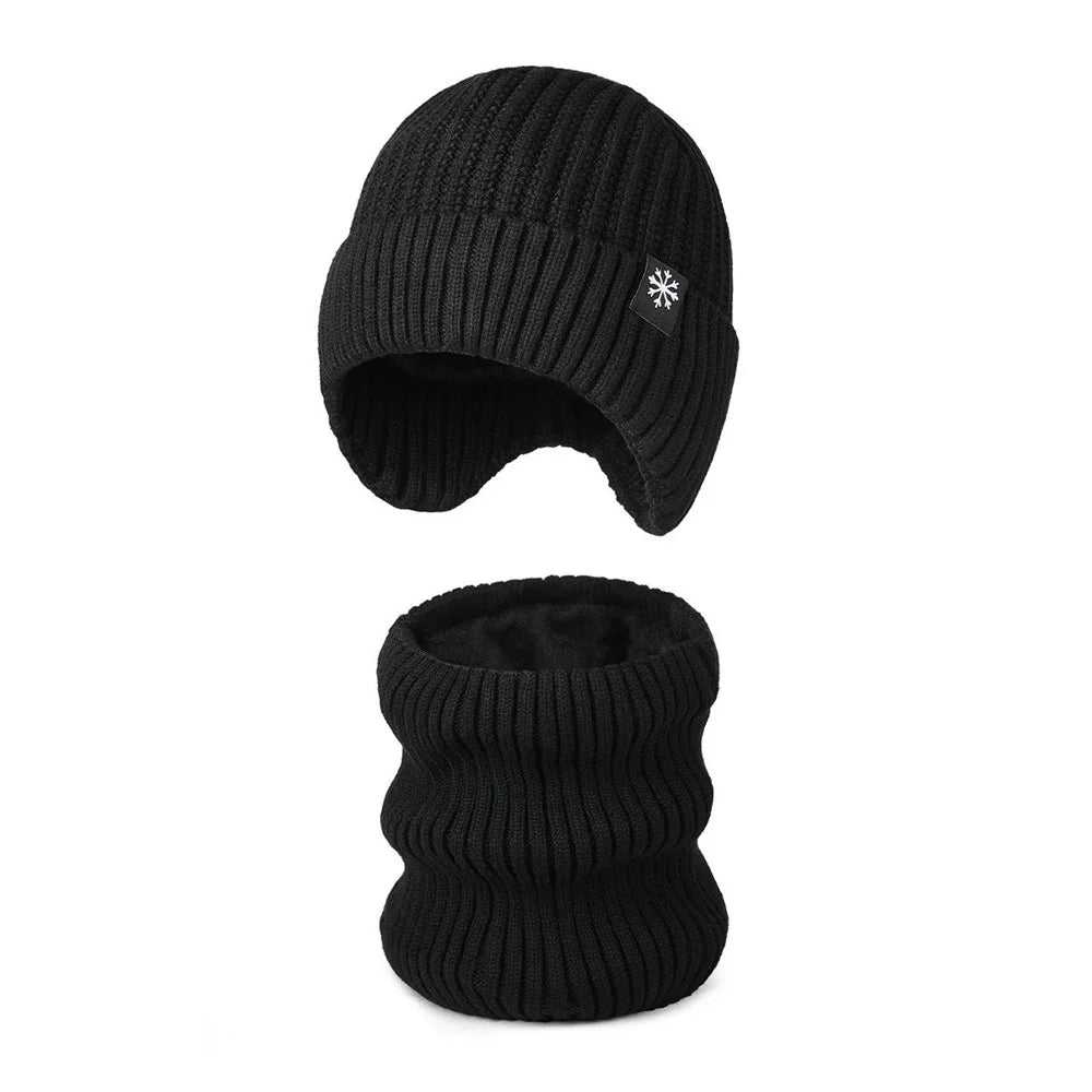 Winter Acrylic Snowflake Knit Hat and Neck Warmer Set Fleece Lined Elastic Beanie with Scarf for Cold Weather - Black - 1