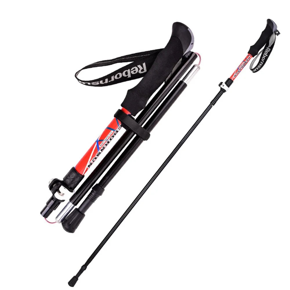 REBORNSUN RBZD0304 Folding Aluminum Alloy Trekking Pole 5-Section Ultra-Light Hiking Stick Adjustable Outdoor Ultra-Short Hiking Pole with External Safe Lock - Red - 1