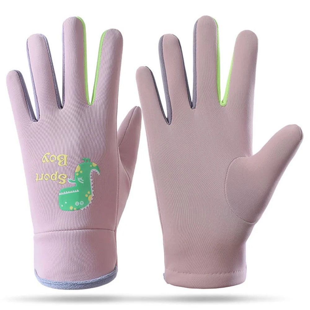 AOTU 1 Pair Kids Sports Reflective Fleece Lining Mittens Winter Children Waterproof Gloves (For 3-8 Years Old) - Pink - 1