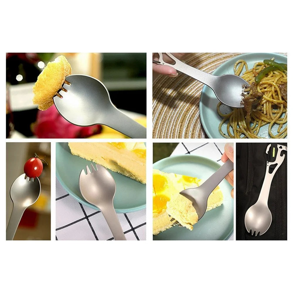 DIY058 2-in-1 Spoon Fork 420 Stainless Steel Outdoor Camping Cutlery Bottle Opener Tool (No FDA, BPA Free) - Black - 3
