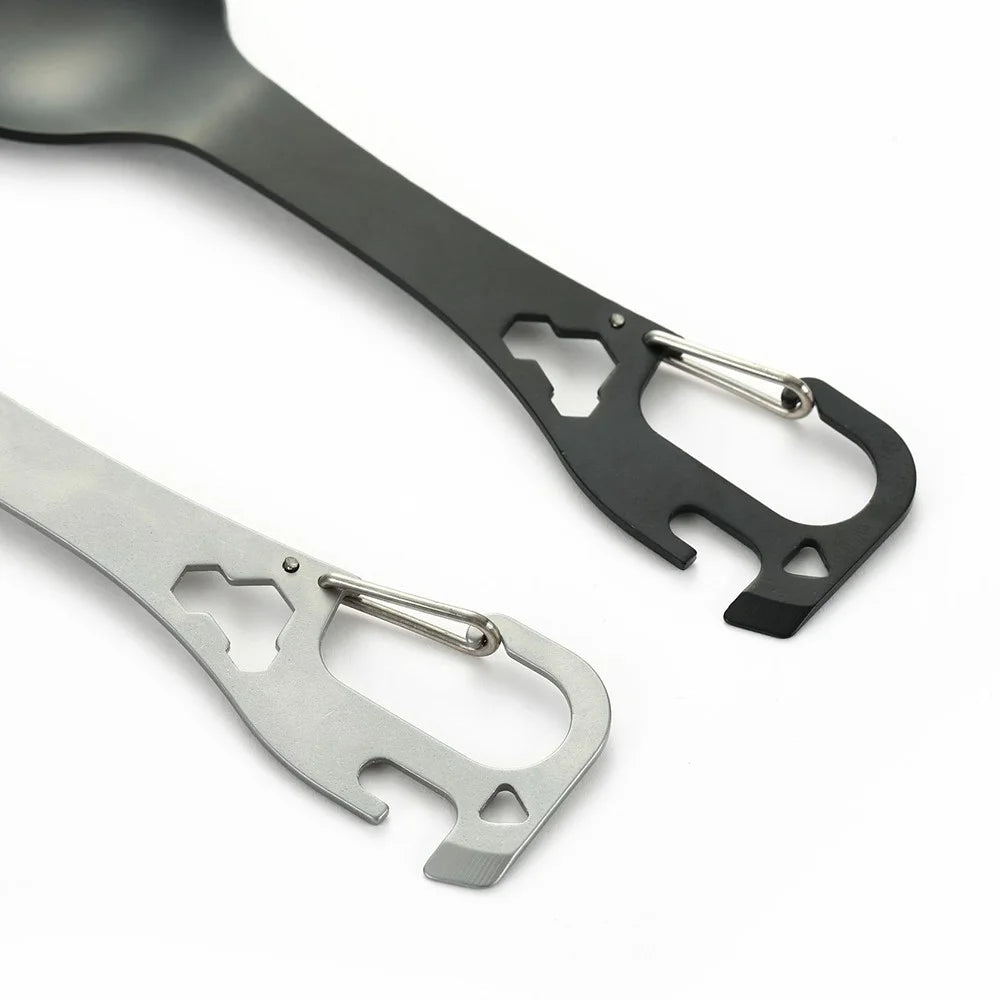 DIY058 2-in-1 Spoon Fork 420 Stainless Steel Outdoor Camping Cutlery Bottle Opener Tool (No FDA, BPA Free) - Black - 7
