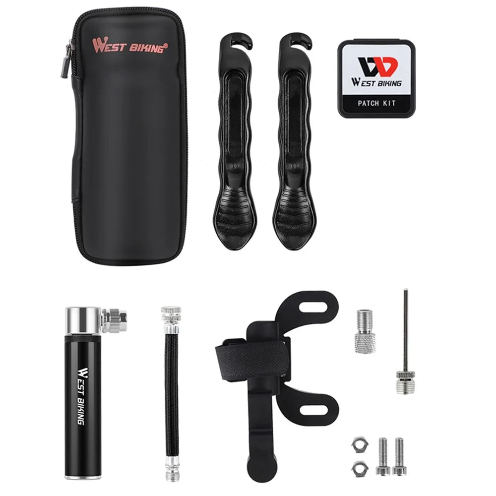 WEST BIKING Bicycle Repair Tool Kit Portable MTB Road Bike Tire Air Pump Tyre Lever Repairing Patch with Storage Bag - Black Pump - 1