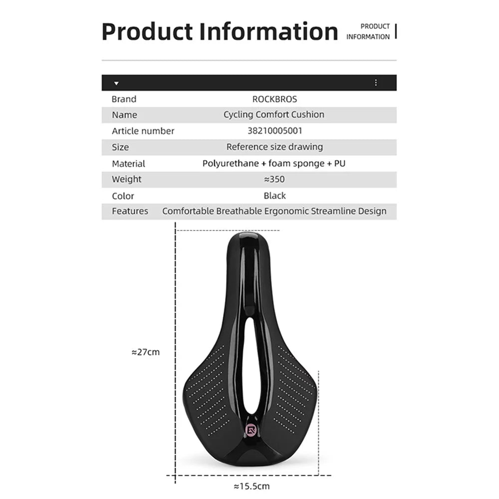 ROCKBROS 38210005001 Shock-absorption MTB Bike Saddle Seat Breathable PU Leather Bicycle Cushion - 2