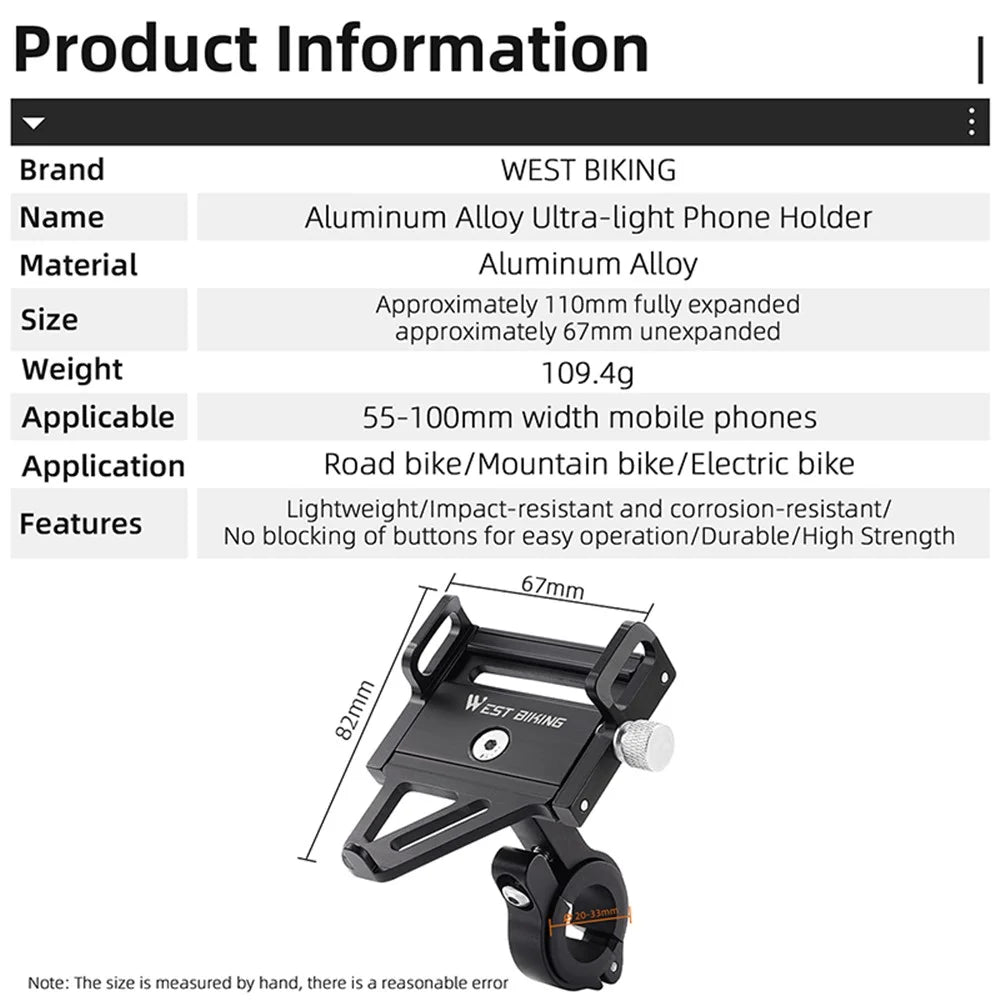 WEST BIKING YP0719359 Bicycle Cell Phone Holder Aluminum Alloy Ultra-Light Handlebar Phone Bracket - 3