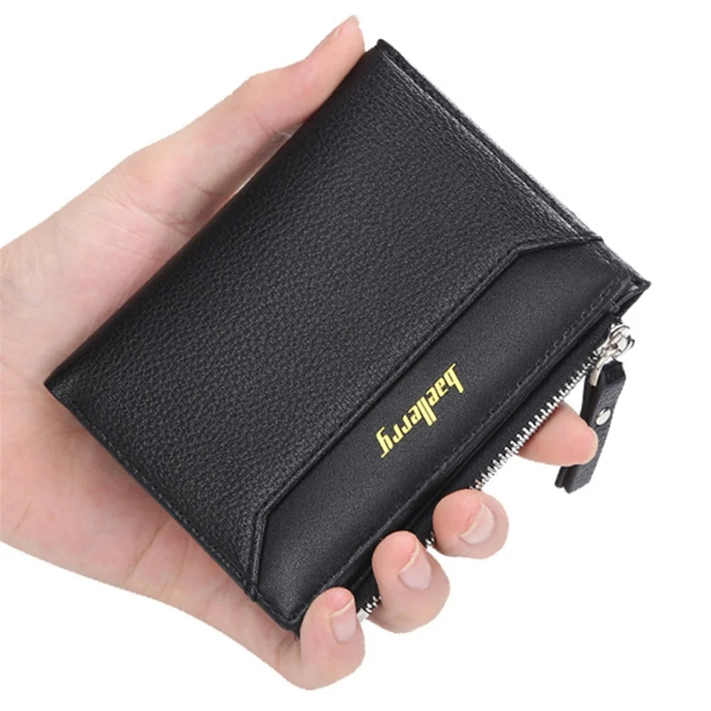 BAELLERRY DR023 Men Slim Short Wallet PU Leather Zipper Coin Purse Cards Cash Storage Bag - Black - 6