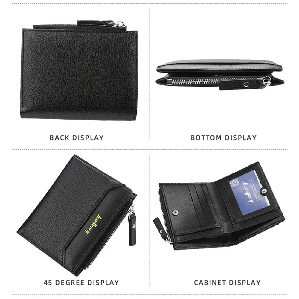BAELLERRY DR023 Men Slim Short Wallet PU Leather Zipper Coin Purse Cards Cash Storage Bag - Black - 7