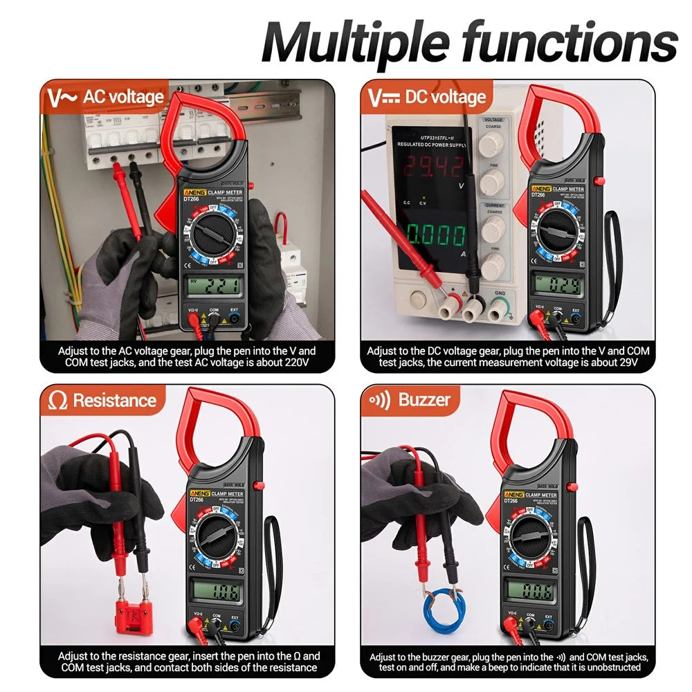 ANENG DT266 Digital Clamp Meter Voltage Current Resistance Tester 1999 Counts Multimeter - Red - 7