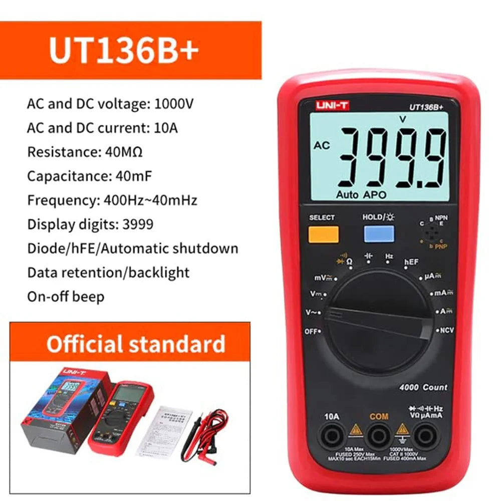 UNI-T UT136B+ Digital Multimeter 4000 Count AC DC Voltmeter Ammeter Ohm HFE Diode / Transistor Tester (NO Battery) - 2
