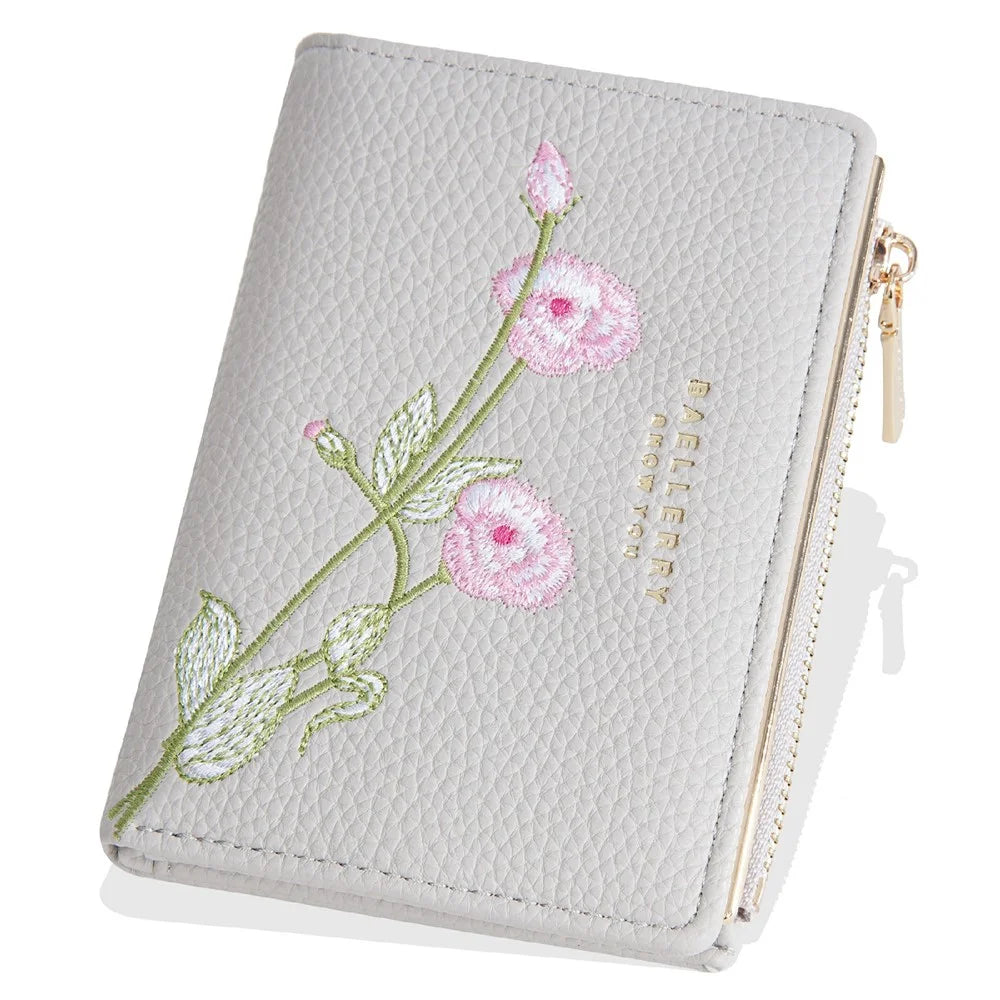 BAELLERRY N8344 Small Wallet Floral Embroidery PU Leather Zipper Pocket Coin Purse Card Holder - White - 2
