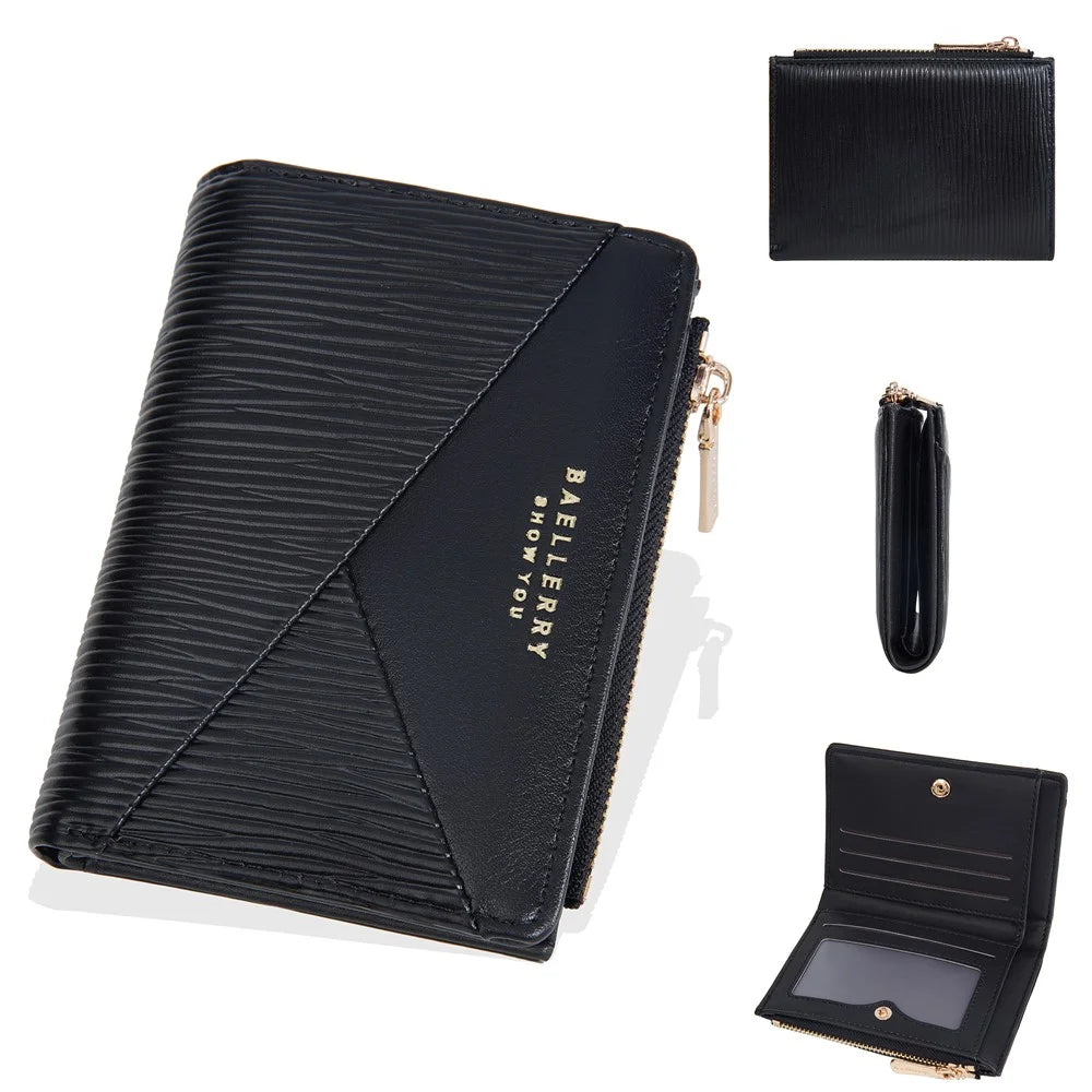 BAELLERRY N8348 Leather Wallet Coin Purse Bifold Zipper Pocket Card Case - Black - 1