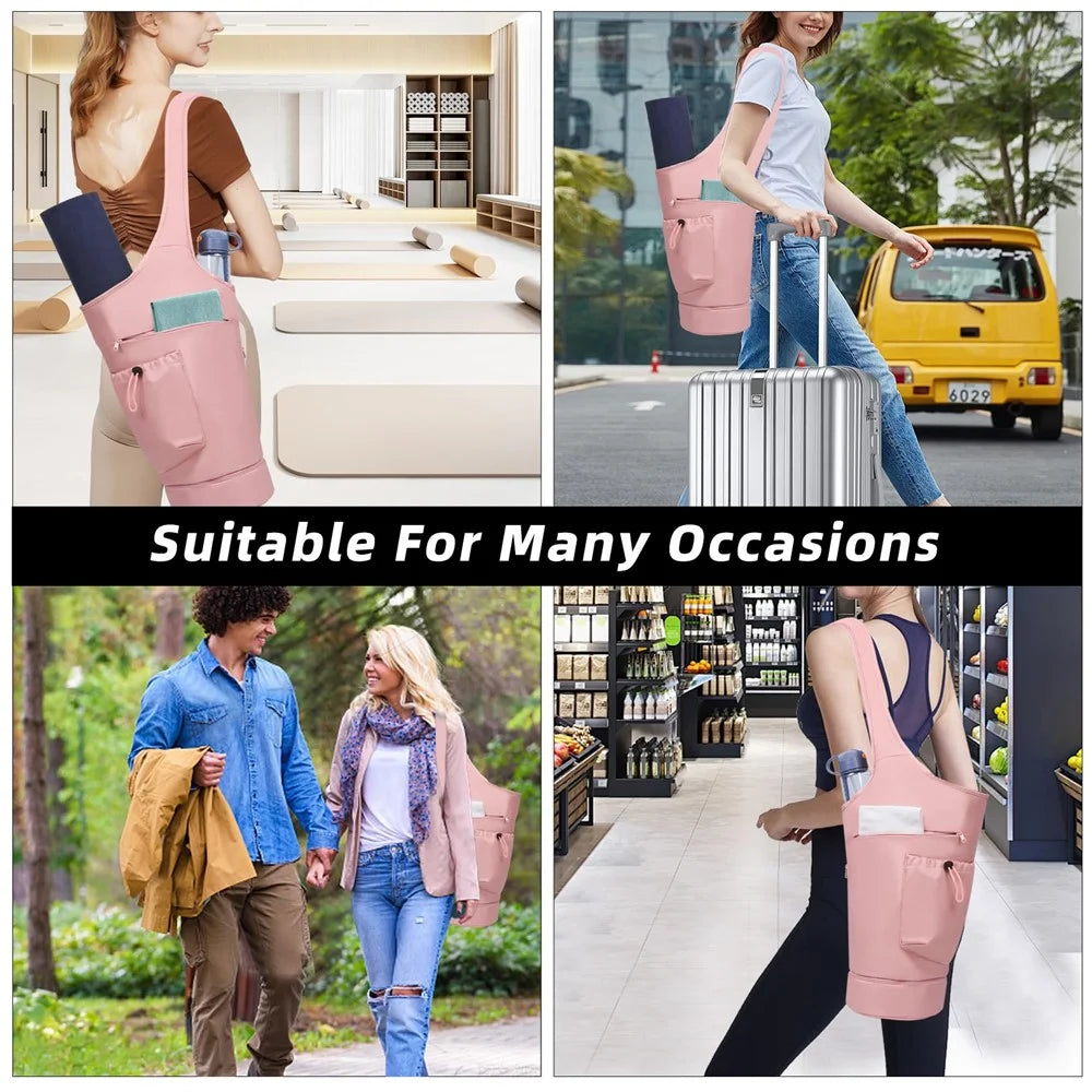 Yoga Mat Carrier Bag Large Opening Polyester Gym Bag with Waterproof Pocket and Drawstring Water Bottle Holder - Pink - 6