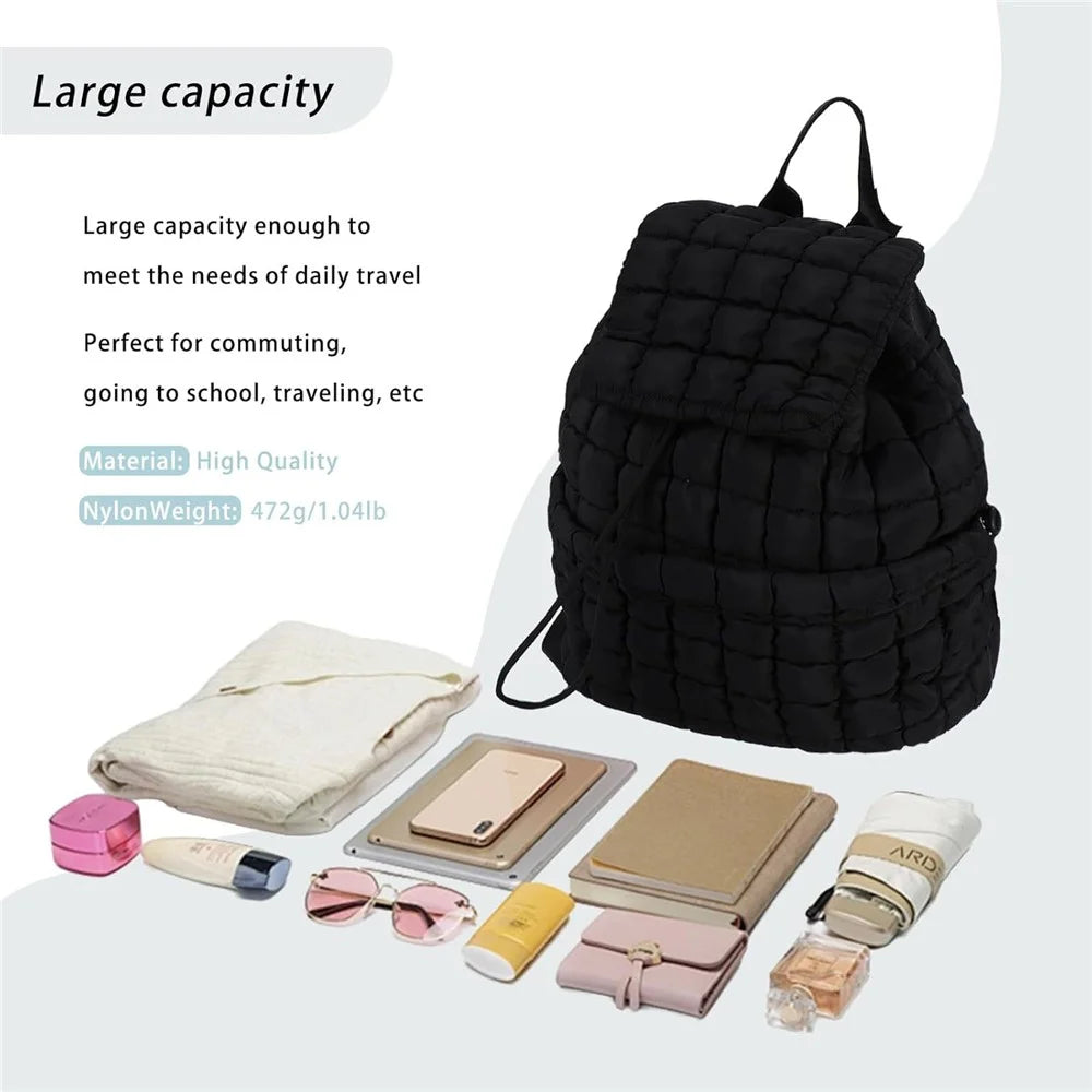 Women Down Plaid Backpack Crinkle Design Large Capacity Lightweight Travel Bag - Black - 7