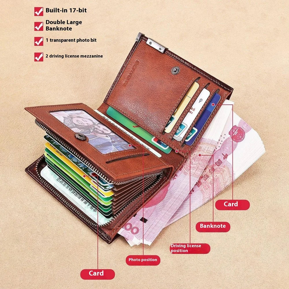 BANYANU N2048 Top Grain Cowhide Leather Wallet Large Capacity Cash Pouch with Multi Card Slots - Brown - 4