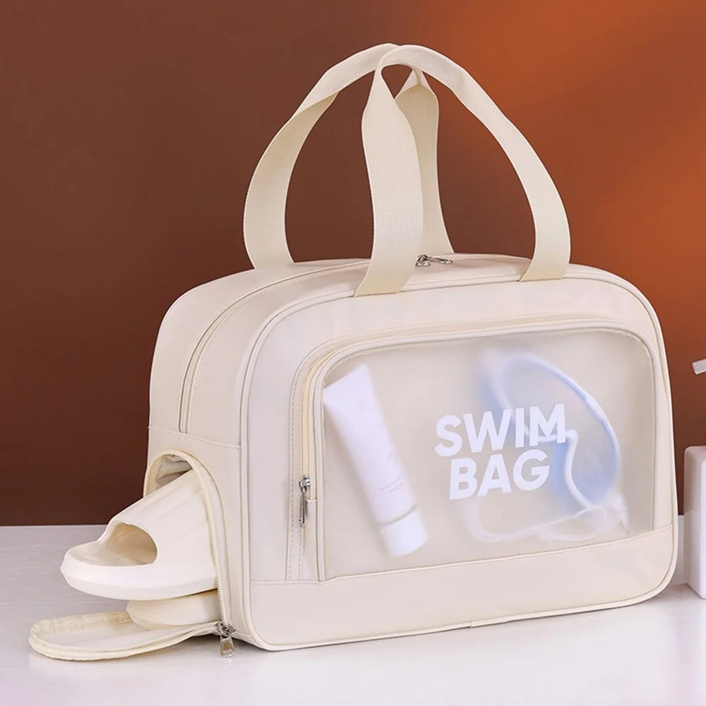 9018 Gym Beach Travel Tote Bag PU Leather + PVC Dry Wet Separation Sports Bag with Shoe Compartment - Beige - 2