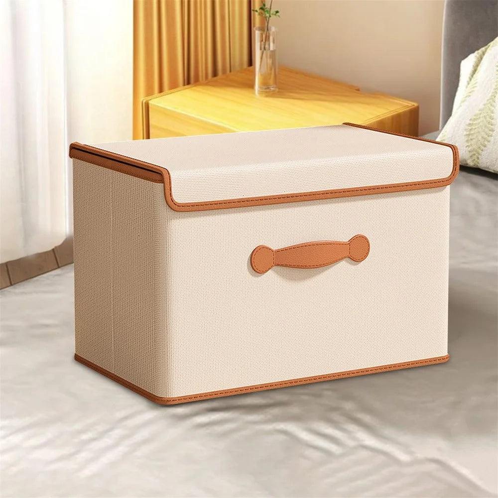 37 x 25 x 25cm Folding Storage Box with Lid Non-Woven Fabric Clothes Organizer, Beige - 2