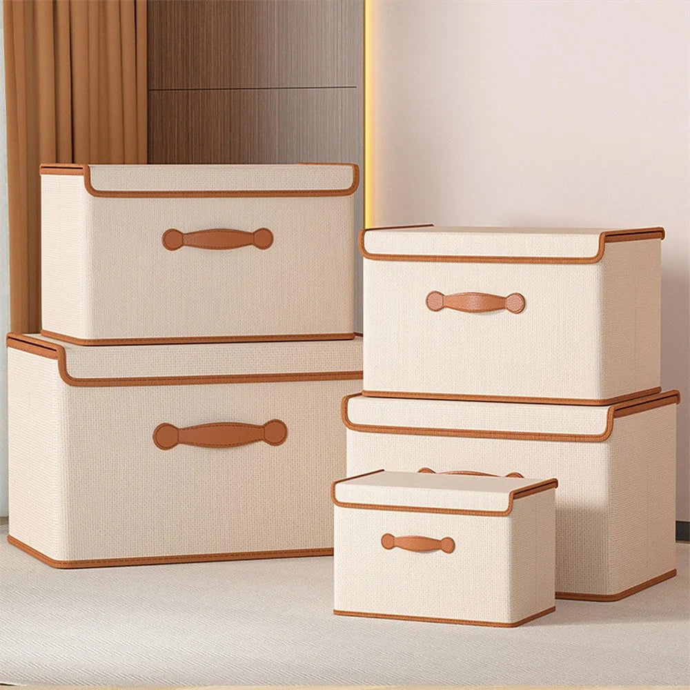37 x 25 x 25cm Folding Storage Box with Lid Non-Woven Fabric Clothes Organizer, Beige - 6