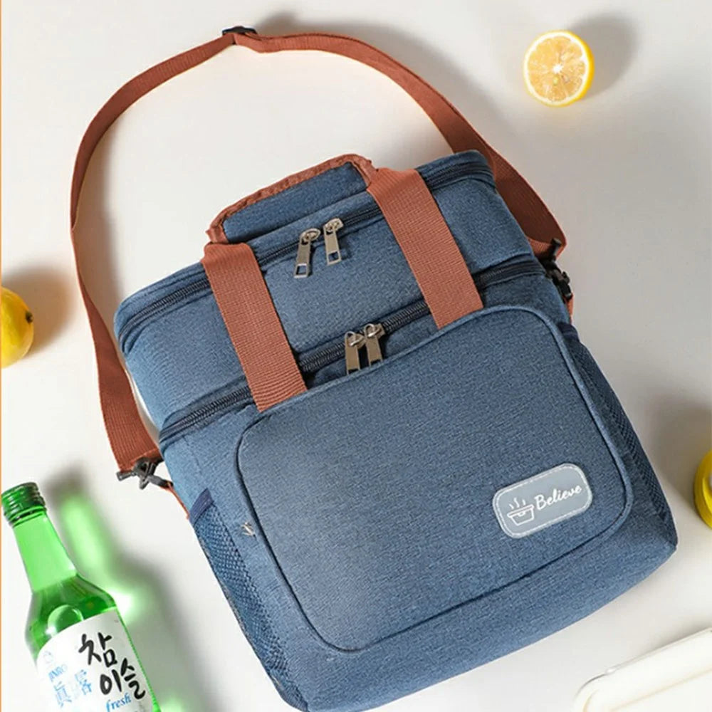 13.5L Double Layer Insulated Lunch Bag Large Capacity Oxford Fabric Crossbody Tote for Hot Cold Food - Black - 7