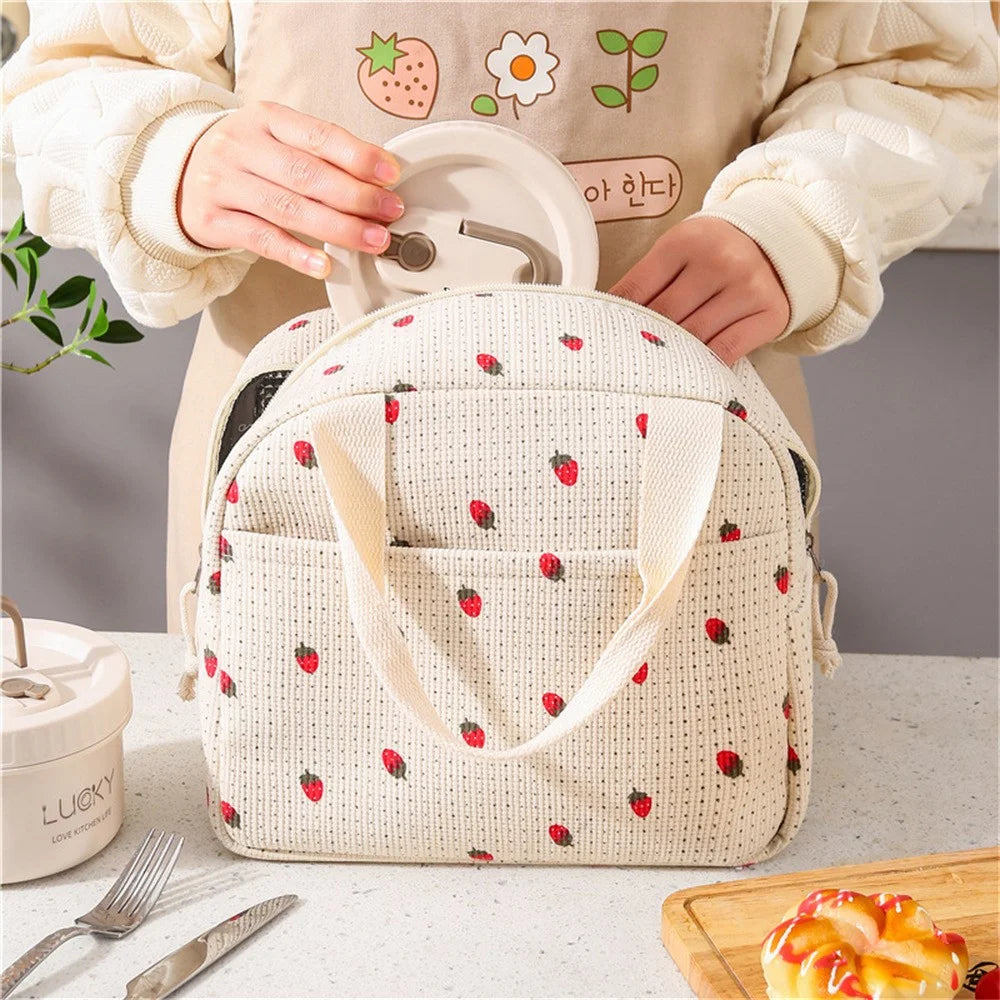 Lunch Bag Portable Insulated Tote Corduroy Cooler Storage Bag with Waterproof Lining for Work  /  Travel  /  Picnic - Strawberry - 2