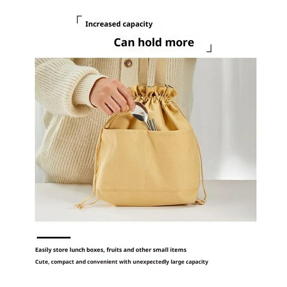 Canvas Lunch Bag Drawstring Insulated Tote for Work Picnic Portable Meal Container Carrier - Beige - 3