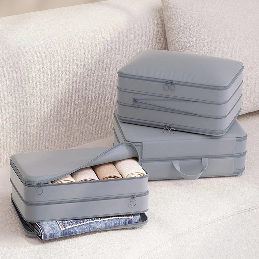 Size M 3-Layer Compression Storage Bag Imitation Memory Fabric Travel Packing Cubes Expandable Luggage Organizer - Grey - 3