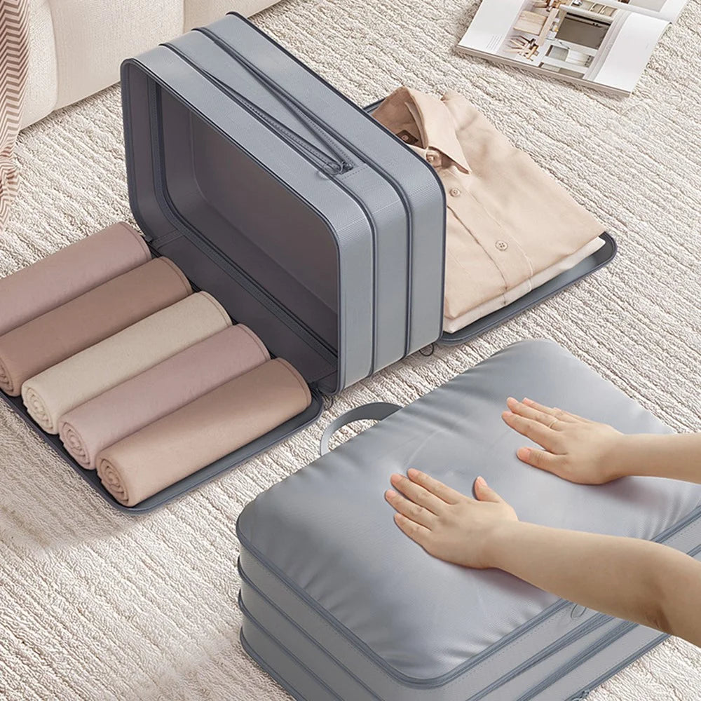 Size M 3-Layer Compression Storage Bag Imitation Memory Fabric Travel Packing Cubes Expandable Luggage Organizer - Grey - 4