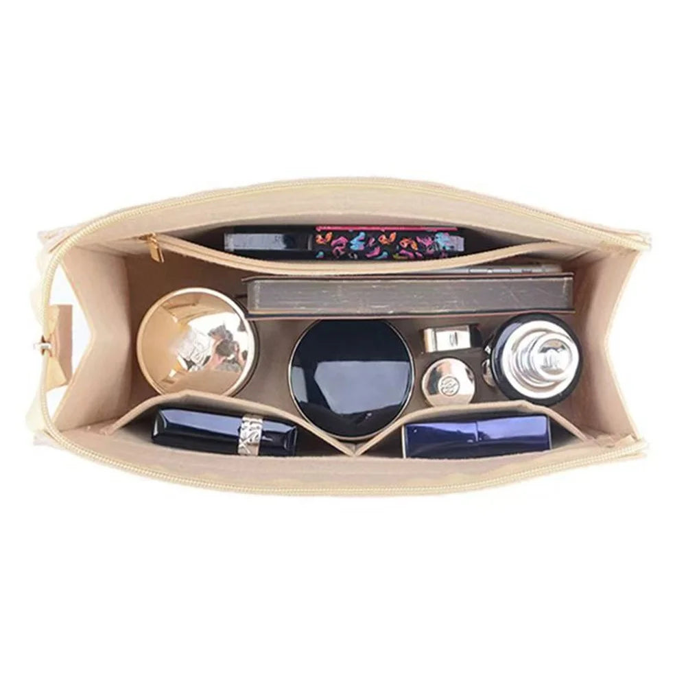 Small Size Felt Bag Organizer Insert Multi Compartment Large Capacity Structured Thick Handbag - Beige - 3