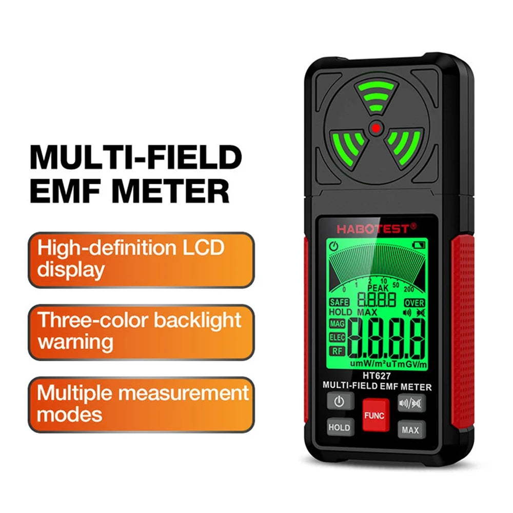HABOTEST HT627 LCD Display EMF Detector 3-Axis Magnetic Electric RF Field Radiation Meter (without Battery) - Black - 3