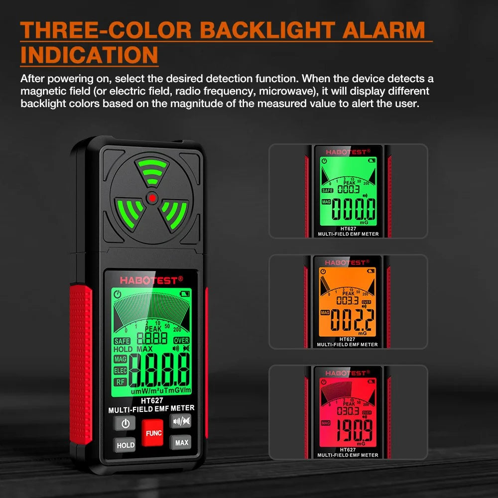 HABOTEST HT627 LCD Display EMF Detector 3-Axis Magnetic Electric RF Field Radiation Meter (without Battery) - Black - 5