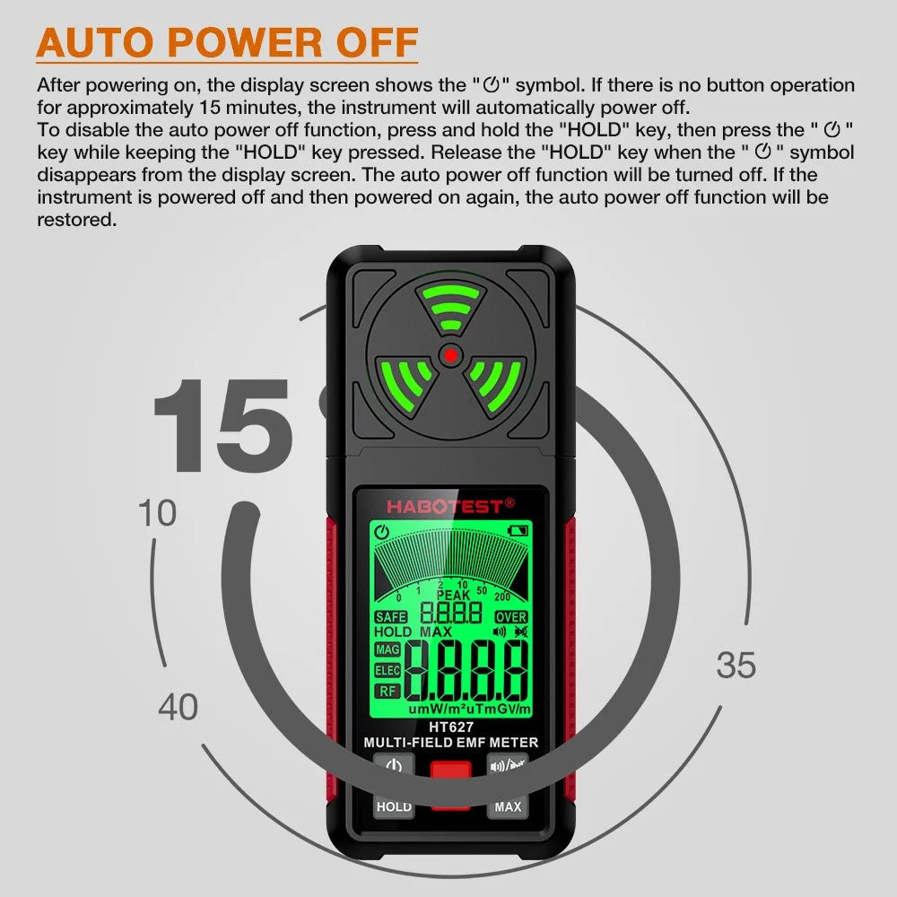 HABOTEST HT627 LCD Display EMF Detector 3-Axis Magnetic Electric RF Field Radiation Meter (without Battery) - Black - 7
