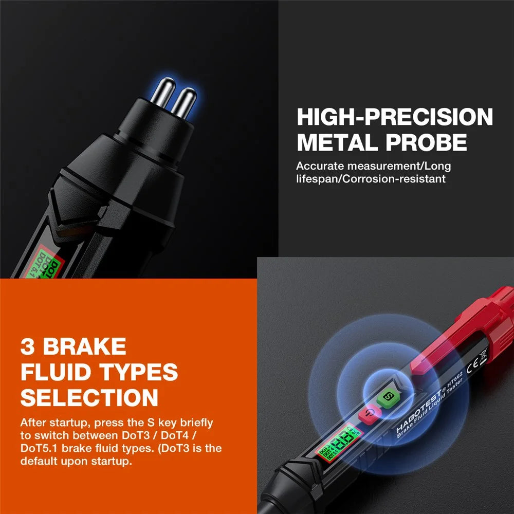 HABOTEST HT662 Brake Fluid Tester Audio Visual Dual Alarm LCD Display Digital Tester Pen (without Battery) - Black / Red - 7