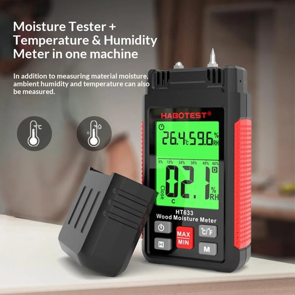 HABOTEST HT633 Probe Type Wood Moisture Meter 7 Materials Detection Temperature Humidity Tester (without Battery) - Black - 2