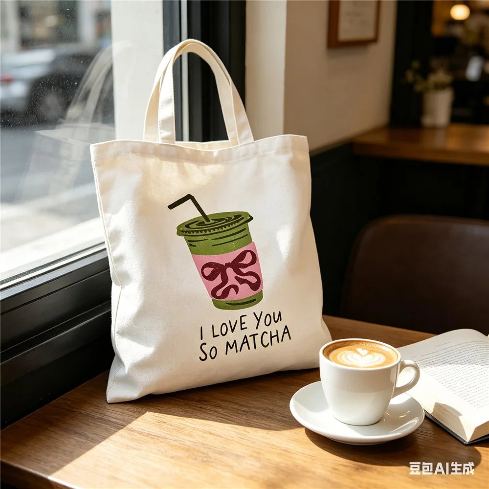 35x40cm Canvas Tote Bag Letter I LOVE YOU SO MATCHA Print Reusable Shoulder Bag for Student School Commute Work - 2