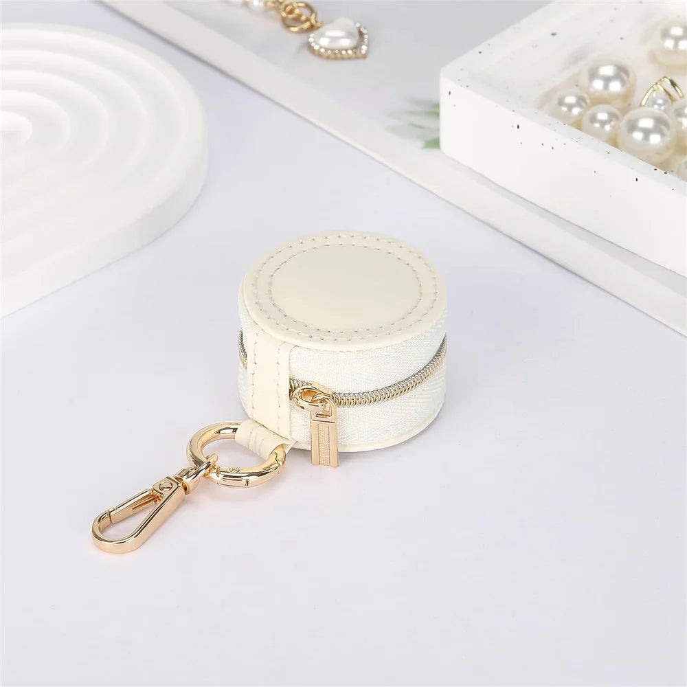 Portable Mini Jewelry Box Keychain Travel Jewelry Case PU Leather Ring Earring Storage Organizer - White  /  Double Stitching - 2