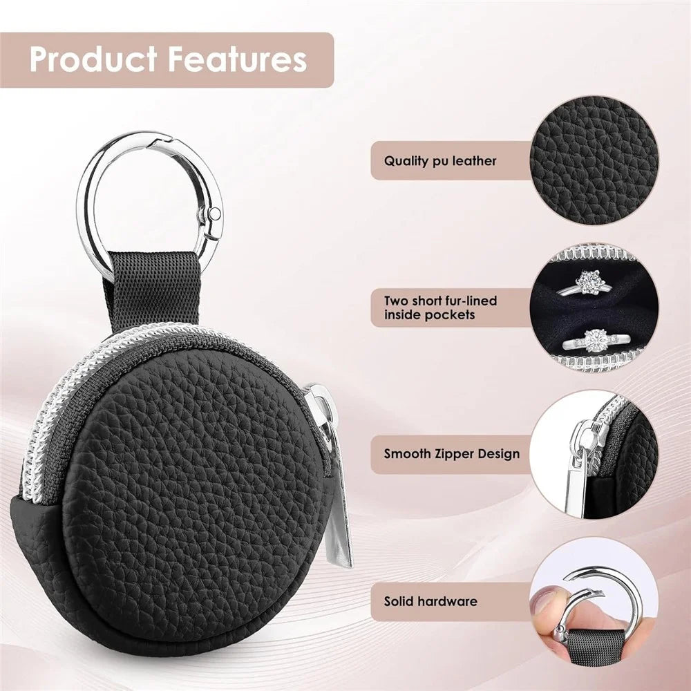 Portable Mini Jewelry Box Travel Organizer Case Ring Earring Storage Pouch with Keychain Hook - Black  /  PU - 2