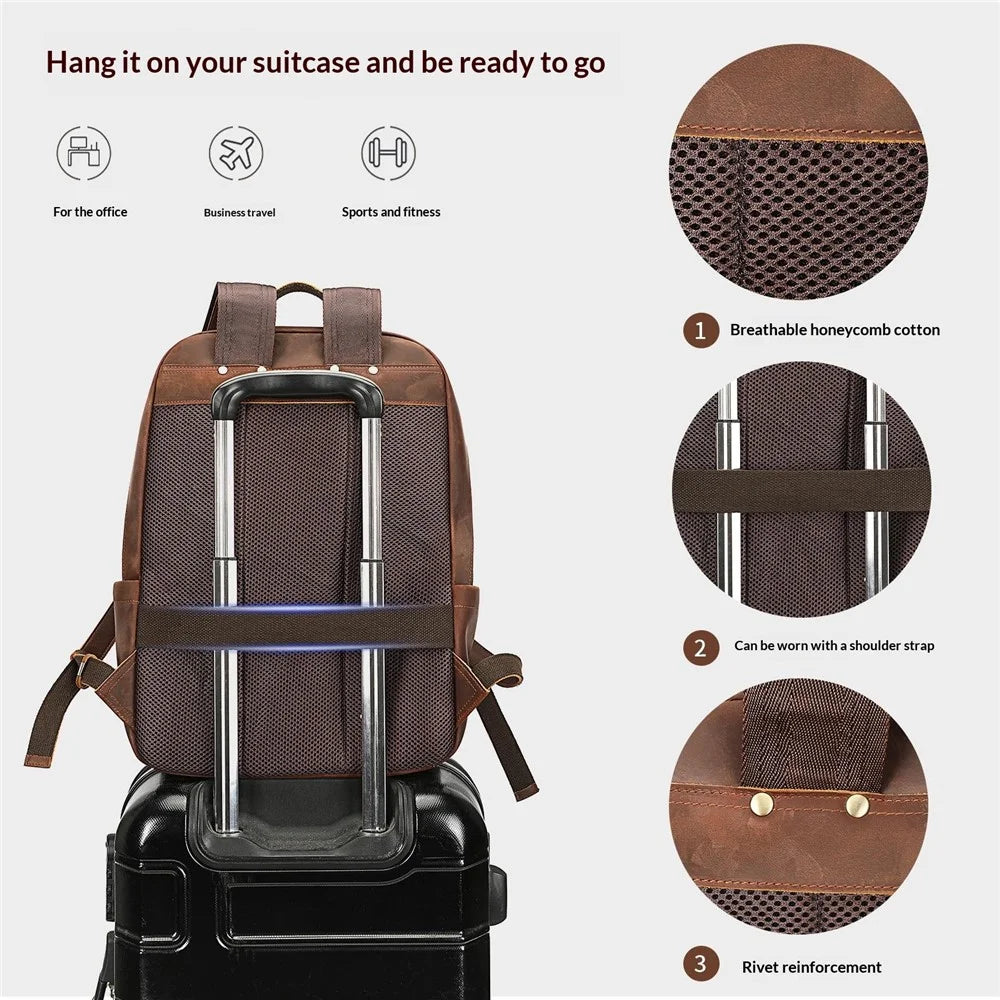 2360 Genuine Cow Leather Backpack for 15 inch Laptop Business Travel Bag with Multi-compartment - Coffee - 2