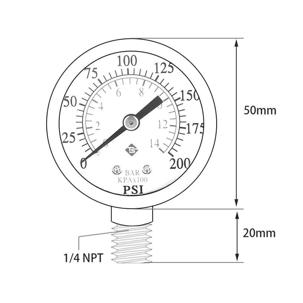 TS-50-14 Pressure Gauge 50mm Dial 0-200 PSI  /  0-14 Bar 1 / 4 NPT Brass Thread for HVAC Refrigeration Water Oil System - 5