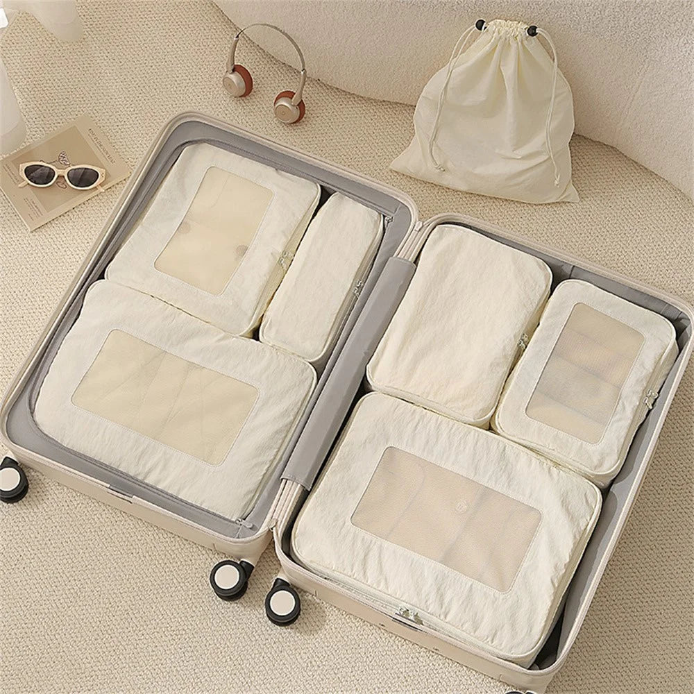 7Pcs Taslon Storage Bags Packing Cubes Organizers for Outdoor Travel - Beige - 1