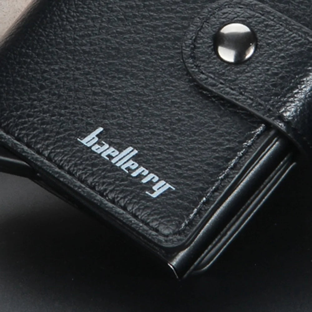 BAELLERRY K9148 RFID Blocking Litchi Texture PU Leather + Aluminum Alloy Case Credit Card Holder Automatic Pop Up Wallet - Black - 6