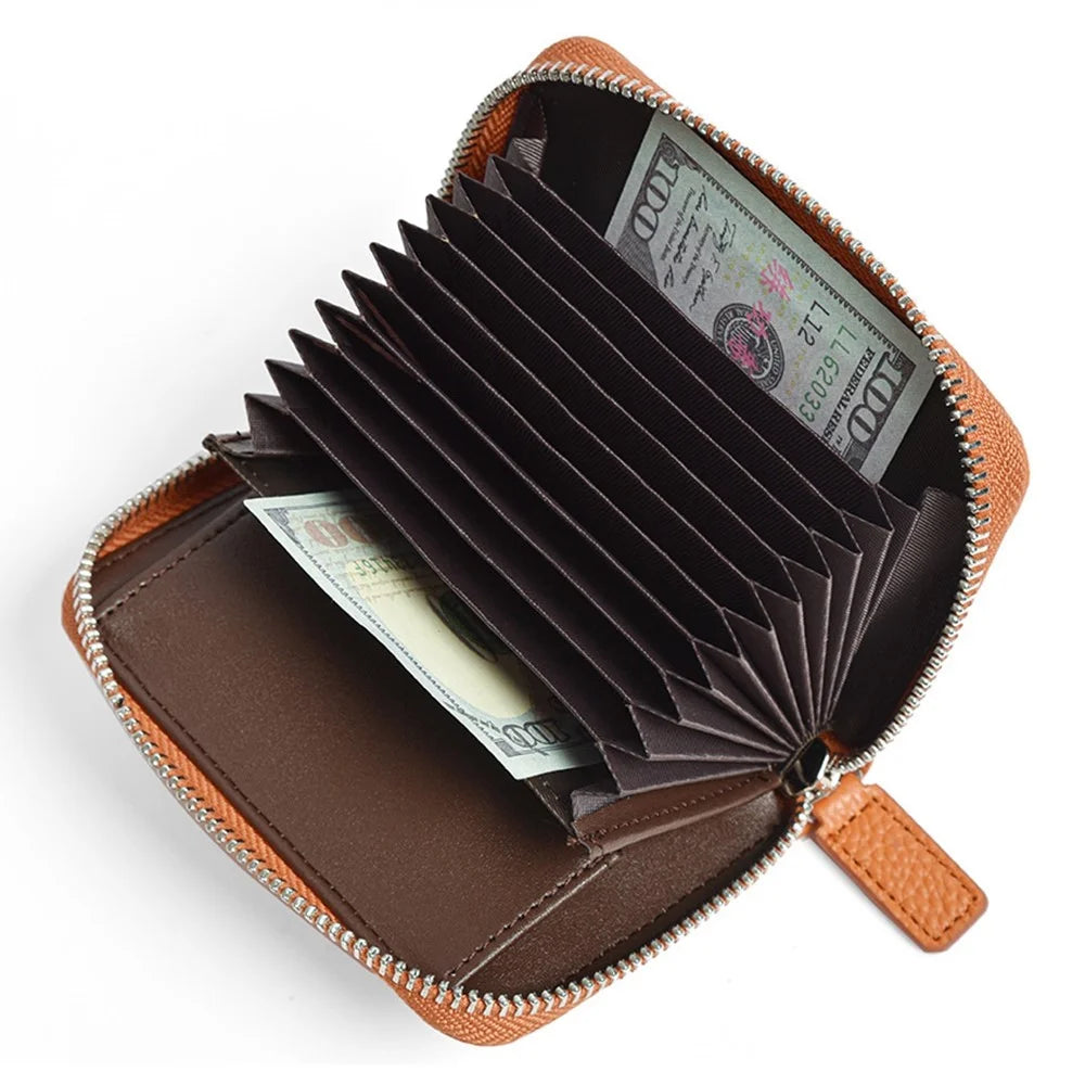 ZS-BO226 RFID Blocking Cowhide Leather Organ Card Holder Bag Zipper Coin Purse Women Short Wallet - Black - 3