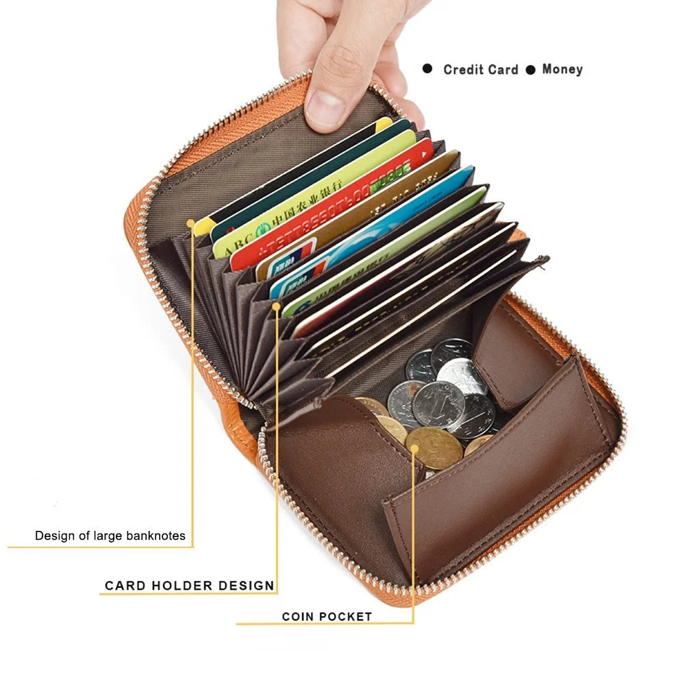 ZS-BO226 RFID Blocking Cowhide Leather Organ Card Holder Bag Zipper Coin Purse Women Short Wallet - Black - 6